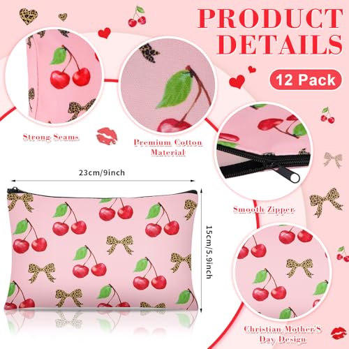12 Pcs Cherry Bow Makeup Bag Set - Canvas Leopard Cosmetic Pouch 9x6 Inches