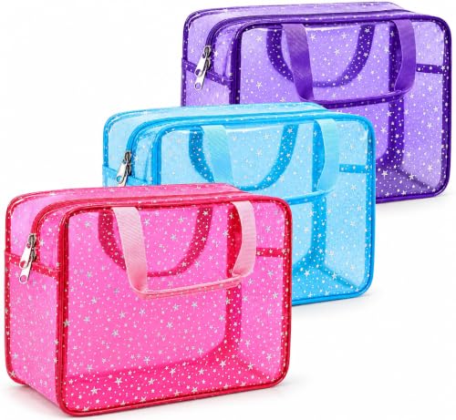Mhtdet 3-Pack Large Clear Star Makeup Bags - Pink, Purple, Blue - Travel & Cosmetic Organizer