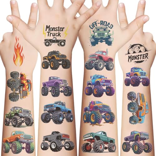 Monster Truck Temporary Tattoos for Kids - 10 Sheets Party Favors & Decorations