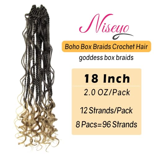 NISEYO Boho Goddess Box Braids Crochet Hair T27 Ombre Blonde 18 Inch Pack of 8