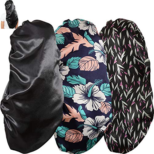 Wbfwbb Black Flower & Leaf Satin Bonnet Set for Long Hair, 3 Pcs