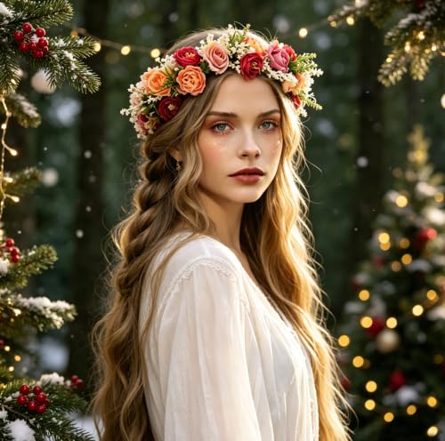 Vivivalue Floral Crown Headband for Women - Pink Boho Hair Wreath | Adjustable with Ribbon - Ideal for Weddings, Parties, and Costumes