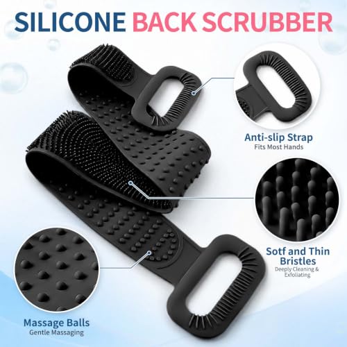 Extendable 36'' Silicone Back Scrubber for Shower - Black