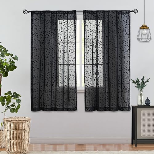 Jubilantex Black Lace Sheer Curtains with Leaf Buds Pattern - 52" W x 63" L, Light Filtering, 2 Panels