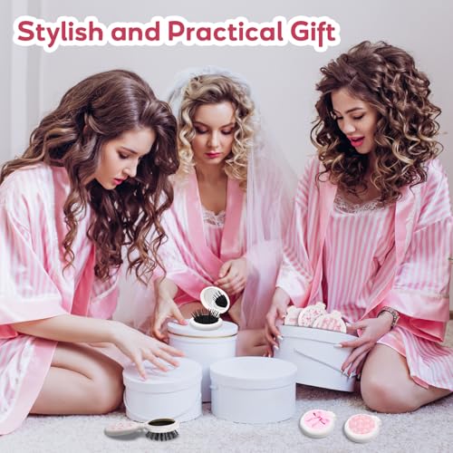 12 Pcs Pink Bow Folding Hair Brush with Mirror, Portable Travel Detangler