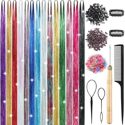 Hair Tinsel Kit - 6000 Strands in 14 Colors, 48 Inch Sparkling Extensions