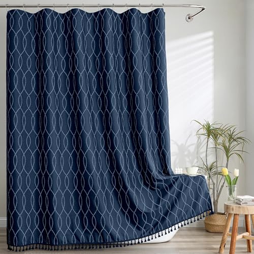 Navy Blue Shower Curtain with Tassels, 72x72 Inches, Boho Vintage Design