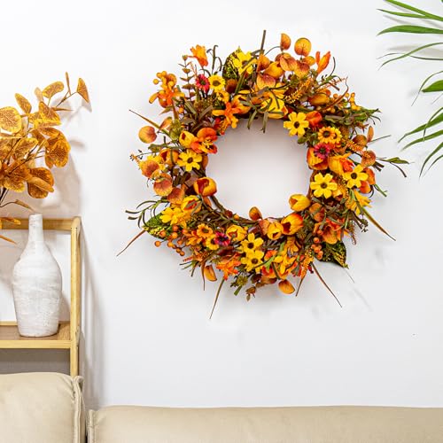 18-Inch Rustic Autumn Wreath with Orange Tulips & Wildflowers
