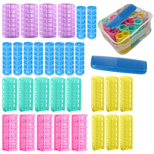 Blue 30Pcs Plastic Self Grip Hair Curlers Set with Mini Comb - No Heat Styling