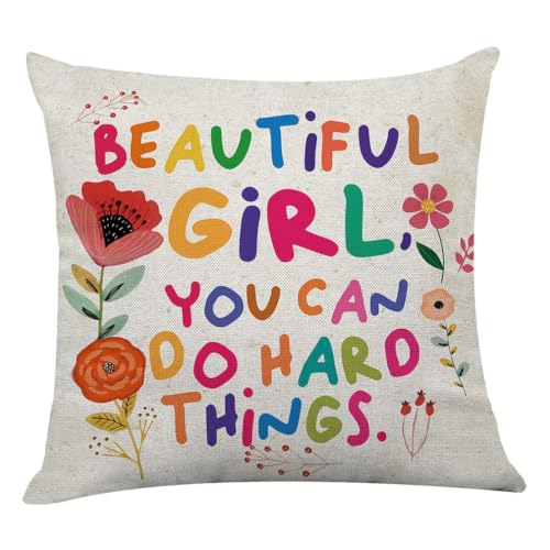 Beautiful Girl You Can Do Hard Things Inspirational Pillow Cover - 18x18