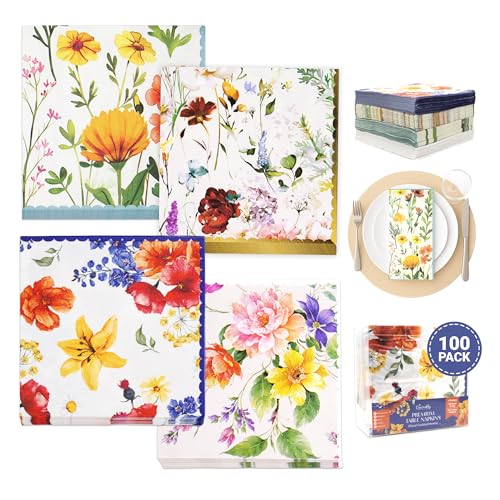 Decorably 100 Pack Floral Cocktail Napkins | 3-Ply 5x5in Spring Designs