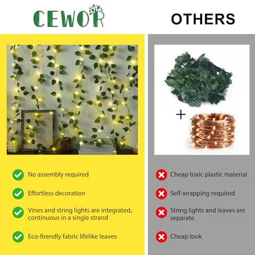 CEWOR 40ft LED Ivy String Lights - Battery Operated Garland for Home & Wedding Decor