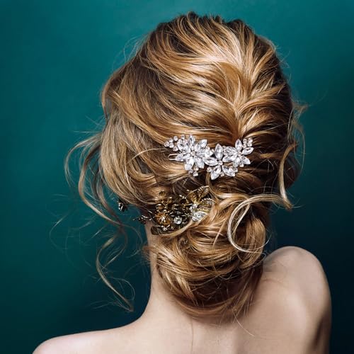 PAGOW Silver 2pcs Crystal Flower Hair Clips – Bridal Rhinestone Hair Pins, 5-Petal Headpiece (A Style)