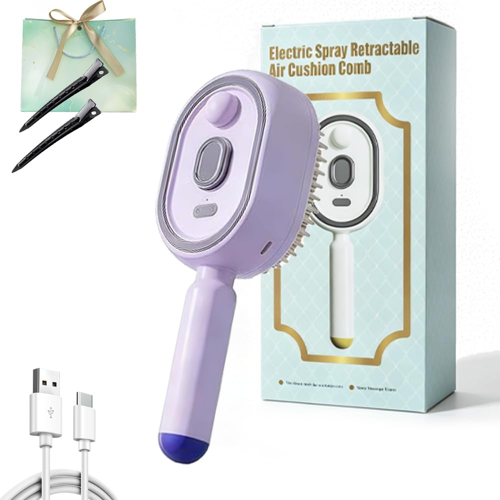 2026 Upgraded Electric Steam Hair Brush for Women, Rechargeable Spray Air Cushion Comb, Detangling & Anti-Static, Reduce Frizz, Smooth & Nourish for All Hair Types (Purple)