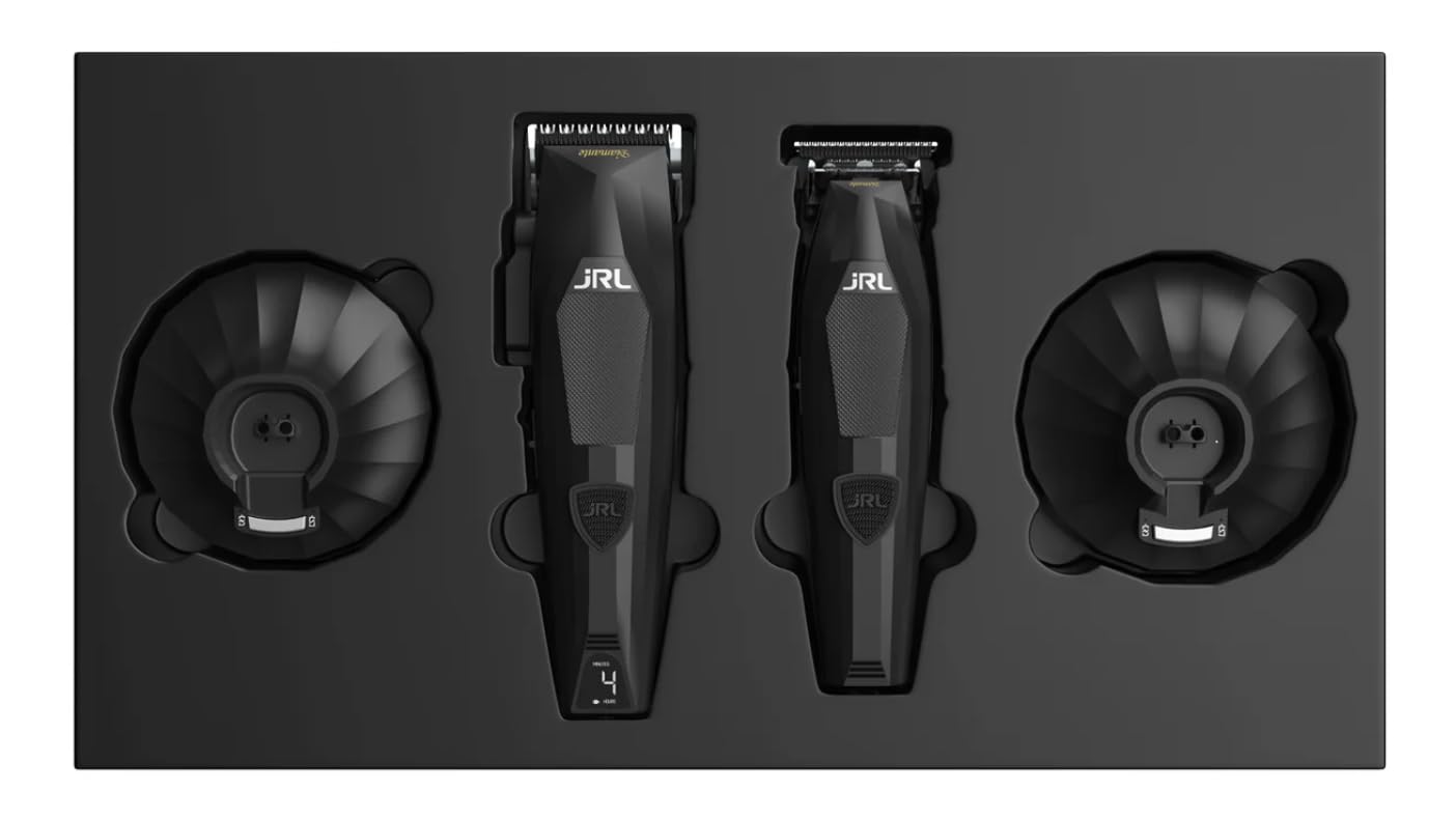 JRL Diamante Clipper & Trimmer Set – Brushless Motor, Fade Blade, Smart Clip Technology, Reset IQ Charge, 8200 RPM, 4-Hour Run Time for Barbers & Stylists (Black)