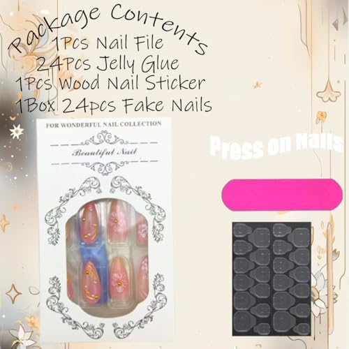 Autumn Flower Press-On Nails with Rhinestones & Gold Line Design - Medium Almond Fake Nails for Manicure, 24Pcs