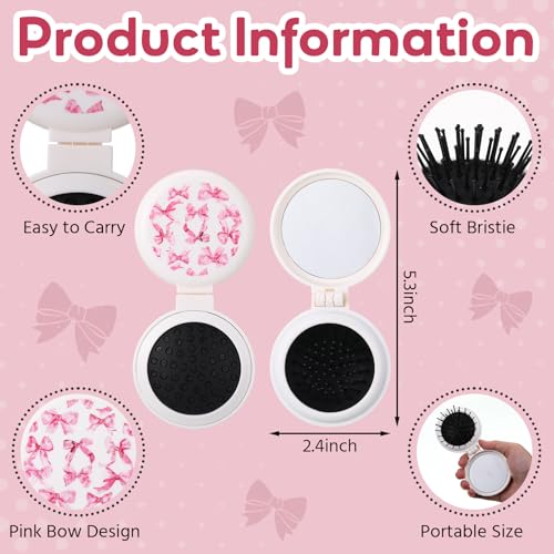 12 Pcs Pink Bow Folding Hair Brush with Mirror, Portable Travel Detangler