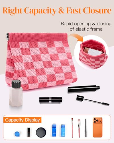 Bohunono Small Makeup Bag (Black-Beige) Travel Pouch, Lipstick Case & Brush Holder