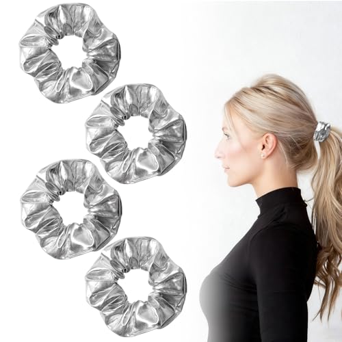 Silver PU Leather Hair Scrunchies - 4 Pcs Glam Accessories