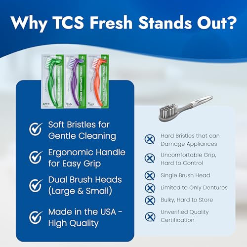 TCS Soft Bristle Denture & Retainer Cleaning Brush Set - 3 Pack, Green, Purple, Orange