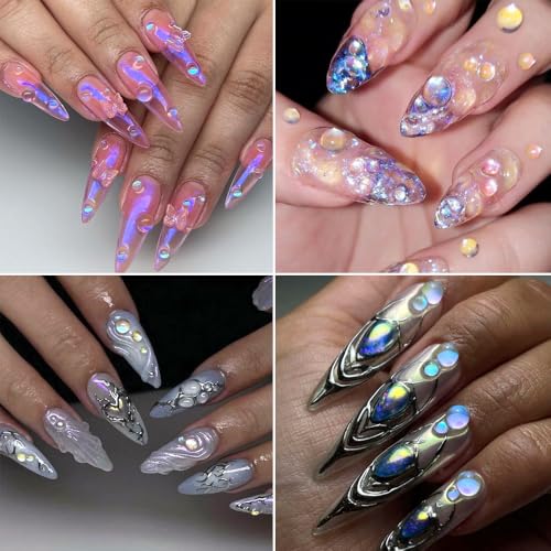 3D Aurora Nail Art Charms - Iridescent Bubble Beads & Rhinestones