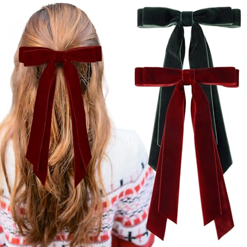 Aileam 2PCS Velvet Hair Bows with Clips - Wine Red & Green Accessories for Girls & Women