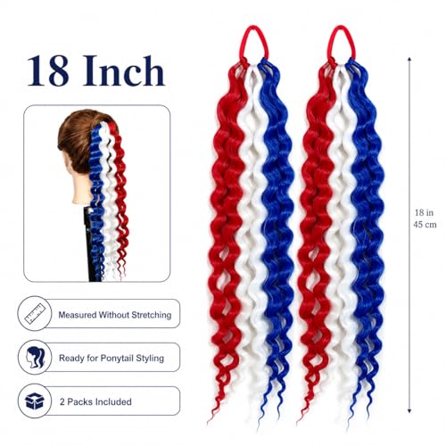 TASHEEMA Red White Blue 18 Inch Curly Ponytail Extensions 2 Pack for 4th of July & Festive Styles