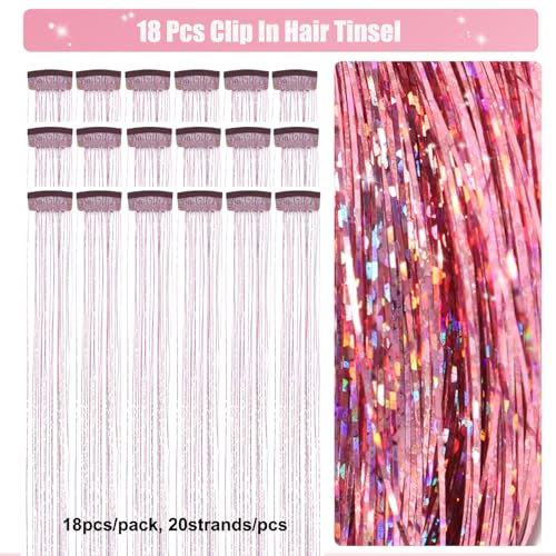 Aokomisu 18Pcs Pink 20 Inch Clip-In Hair Tinsel Extensions for Girls & Women
