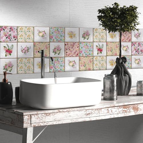Alwayspon Peel and Stick Vinyl Tile Stickers - 10 Pcs Floral Decals for Kitchen & Bathroom