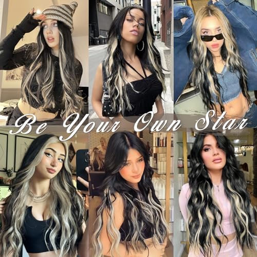 BARSDAR 20-Inch Wavy Clip-In Hair Extensions - Black & Blonde Highlights