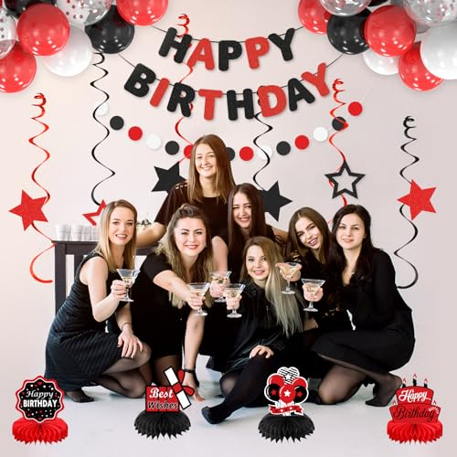 Red & Black Birthday Decoration Set for All Ages - 22 Balloons, Banner, Swirls & More
