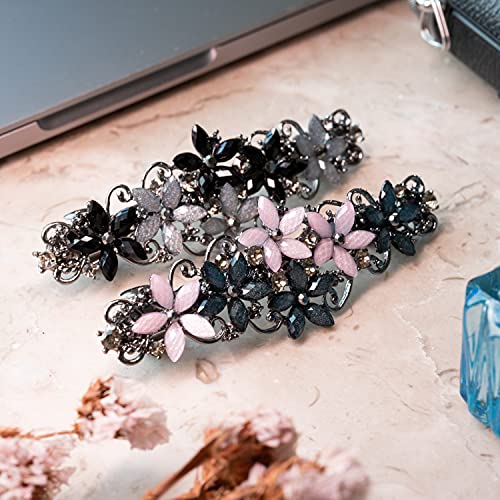 Elegant Rhinestone Hair Clips for Women - Pink & Dark Blue/Black & Gray Flowers