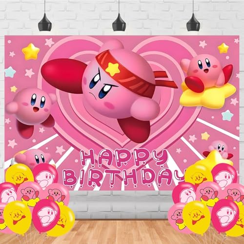 Kirby Game Star Birthday Backdrop Banner - 5x3ft Party Decoration
