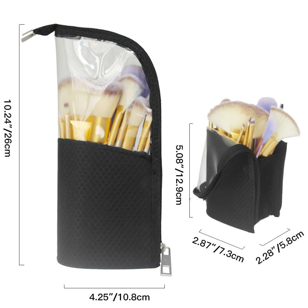 ANEMEL Black Travel Makeup Brush Holder 2-Pack, Organizer Bag Clear Plastic Cosmetic Zipper Pouch Portable Waterproof Dust-Free Stand-Up Small Toiletry Stationery Bag with Divider