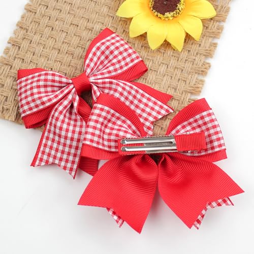 JOYFUNFABU 2PCS Red Gingham Hair Bows for Girls - Classic 3-Inch Toddler Hair Clips (Variation B)