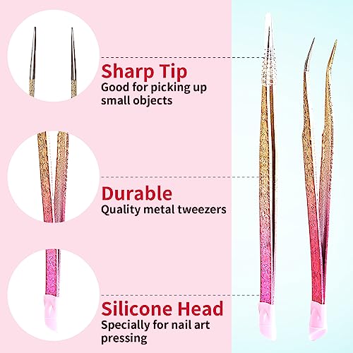 Ouligay 2Pcs Double Ended Nail Art Tweezers Set - Stainless Steel