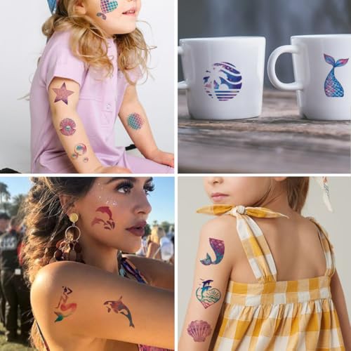 CHARLENT Glitter Mermaid Temporary Tattoos for Kids - 74 Sheets Party Decor