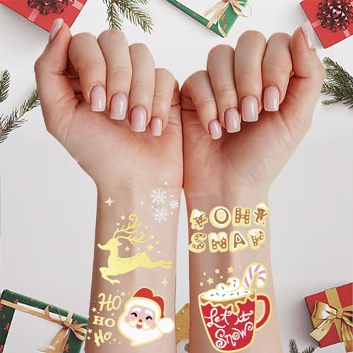 Christmas Temporary Tattoos with Glitter & Metallic Designs - 30 Styles for Kids & Parties