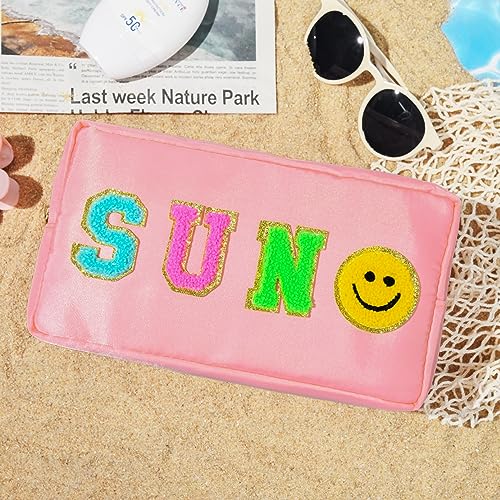 SOIDRAM Small Sun Pink Makeup Bag with Chenille Letter Patches - Travel Cosmetic Organizer for Women
