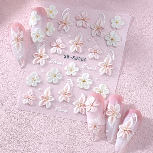 5D Embossed Flower Nail Stickers with Pearl Gems for Nail Art