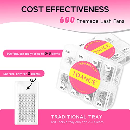 TDANCE Premade Eyelash Fans 600 Count, 8-15mm, 10D, C/D Curl
