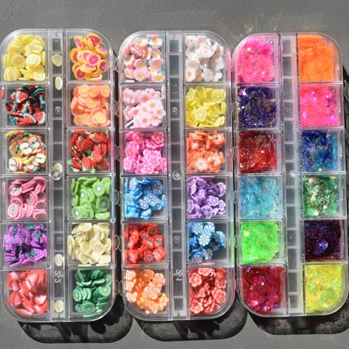 Nail Art Glitter Set with 3 Boxes of Flower & Fruit Slices, Iridescent & Sequins