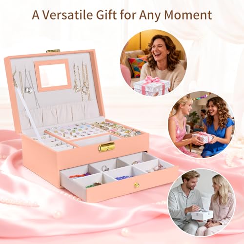 Coobest 2-Layer Velvet Jewelry Organizer Box for Travel - White & Pink