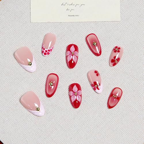 STADWWK 30Pcs Short Almond Press On Nails with 3D Flower Bead Stars Design, Reusable Pink Nude Fake Nails for Summer Manicure
