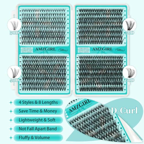 AMZGIRL Lash Clusters Kit 640Pcs 9-16mm Fake Eyelash Extensions DIY A-640Pcs-30405060D
