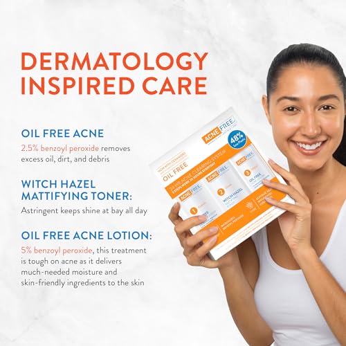 AcneFree 3 Step Acne Treatment Kit for Teens & Adults - 24 Hour System with Oil Free Cleanser, Toner & Lotion