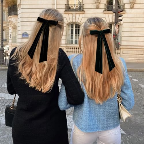 VOBOBE 4PCS Velvet Hair Bows for Girls & Women with Long Tails - Black, Red, Green, Navy