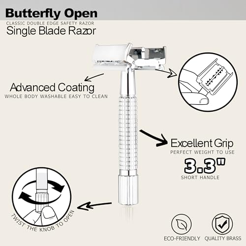 WEISHI Double Edge Safety Razor for Men and Women, Short Handle Twist-To-Open