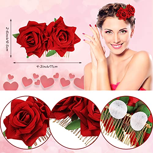 Red Rose Hair Clips Set - 6 Floral Hairpins for Women