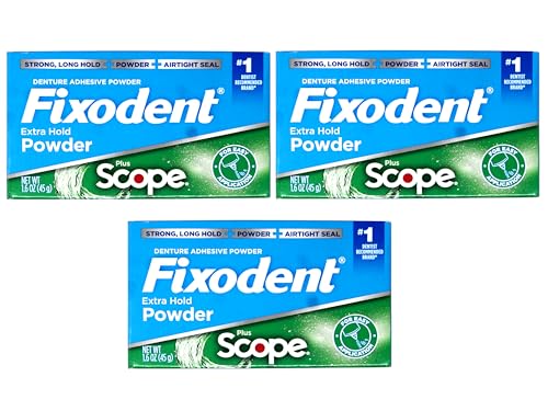 Fixodent Denture Adhesive Powder Plus Scope, Extra Strong Hold, 1.6 oz (3 Pack)